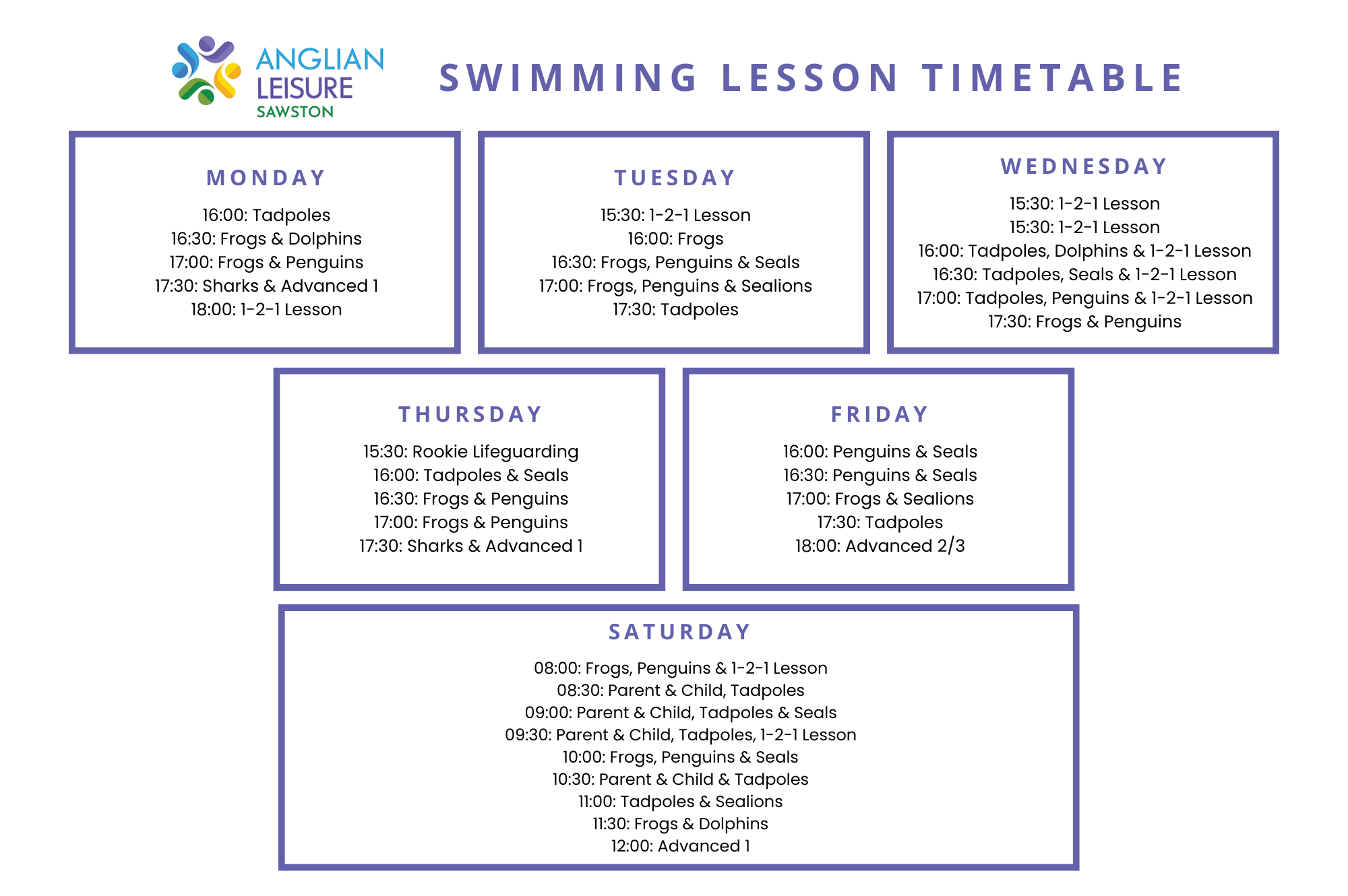 Swimming Lesson Timetable